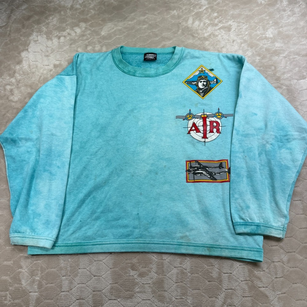 VTG 80s 90s Expressions Teal Acid Wash Aviation‎ Sweatshirt Sz Lg Worn Faded